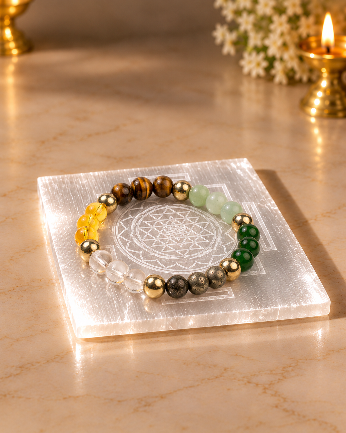 Selenite Charging Plate – Shree Yantra Engraved | Crystal Cleansing & Positive Energy