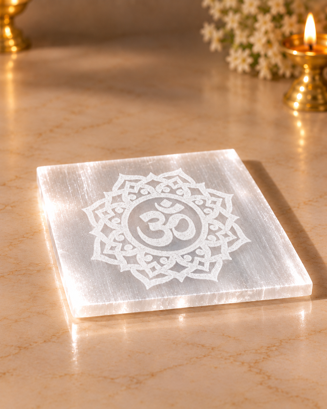 Selenite Charging Plate – Om Engraved | Crystal Cleansing, Peace & Positive Energy