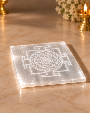 Selenite Charging Plate – Shree Yantra Engraved | Crystal Cleansing & Positive Energy