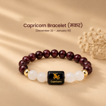 Capricorn (मकर राशि) Zodiac Bracelet – Garnet & Milky Quartz | Ambition, Stability & Success